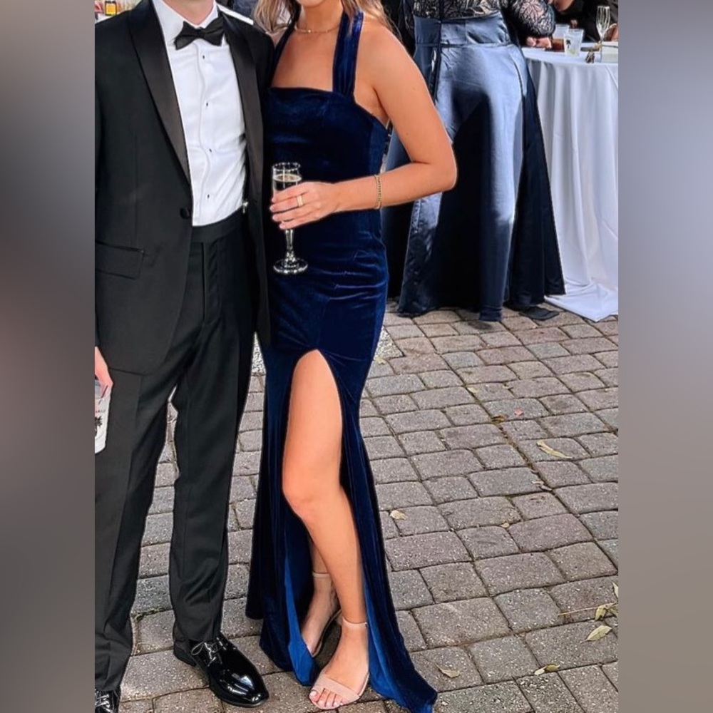 Navy blue velvet formal dress